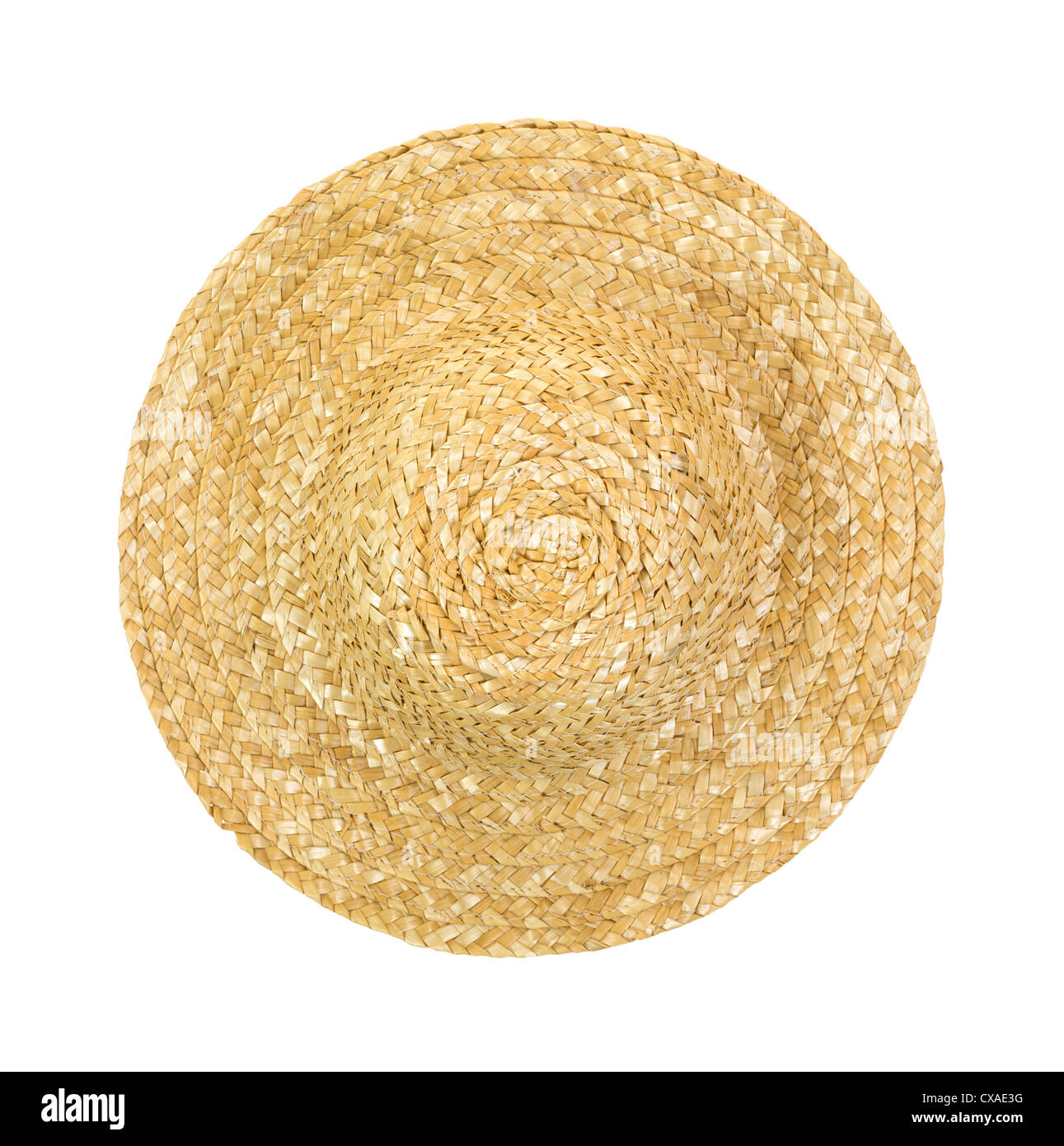 Top view of a round straw hat on a white background. Stock Photo
