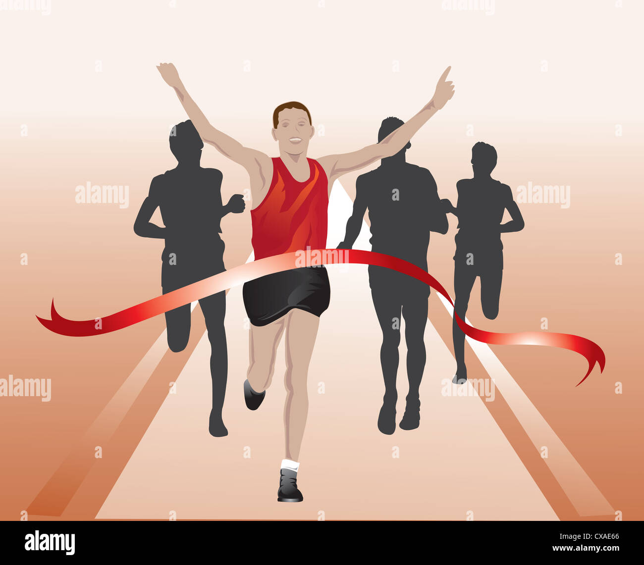 Runners crossing the finish line, first place, vector illustration