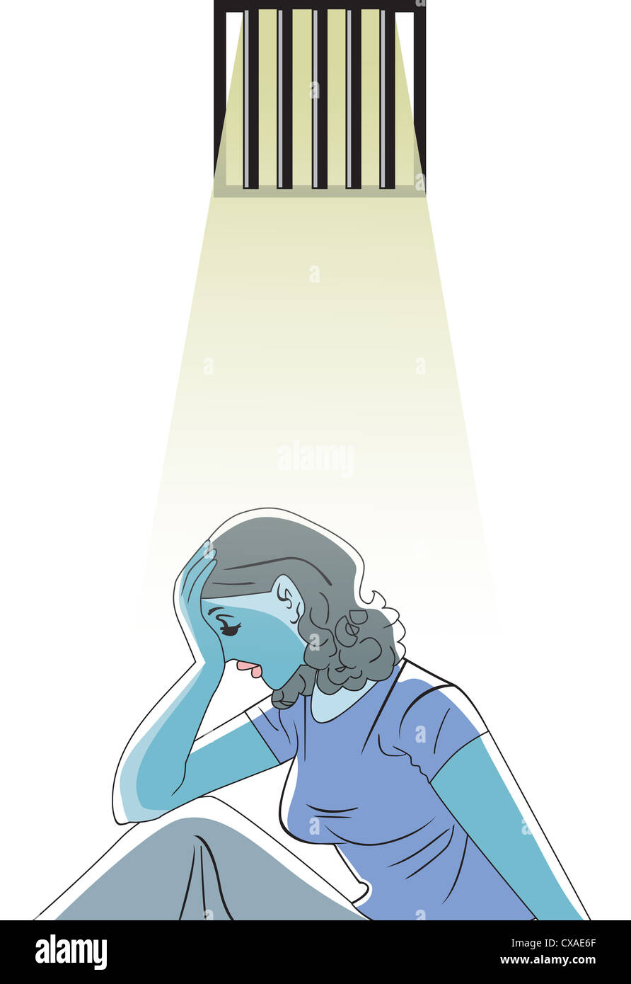 Sad woman in prison, vector illustration Stock Photo