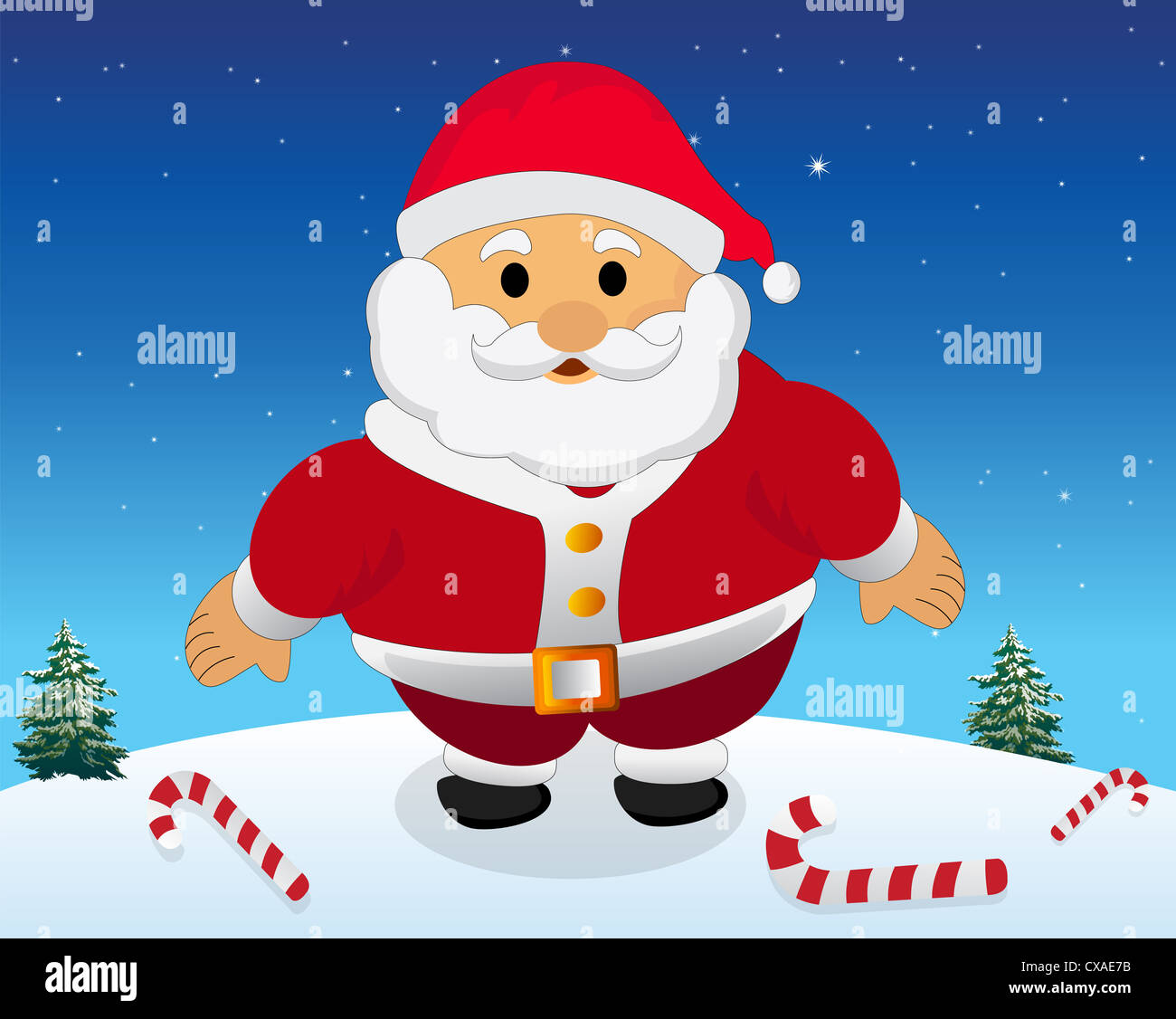 Santa Claus in blue and white background with stars, pine trees and ...
