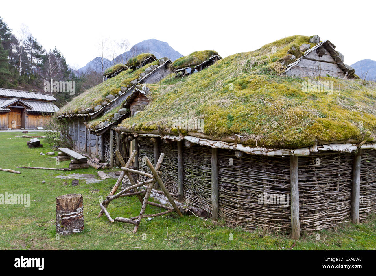 rebuild historic house in norway with grass on roof, Stone Age Stock Photo