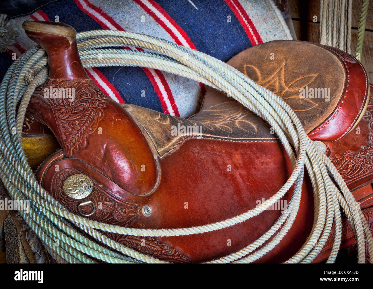 Western saddle, blanket and lasso in tack room on ranch in northeastern Wyoming Stock Photo