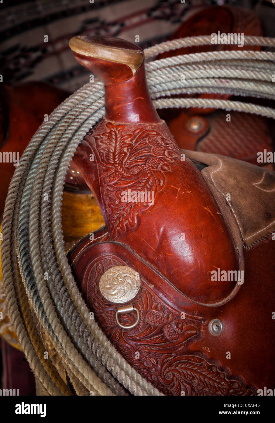 Western saddle, blanket and lasso in tack room on ranch in northeastern Wyoming Stock Photo