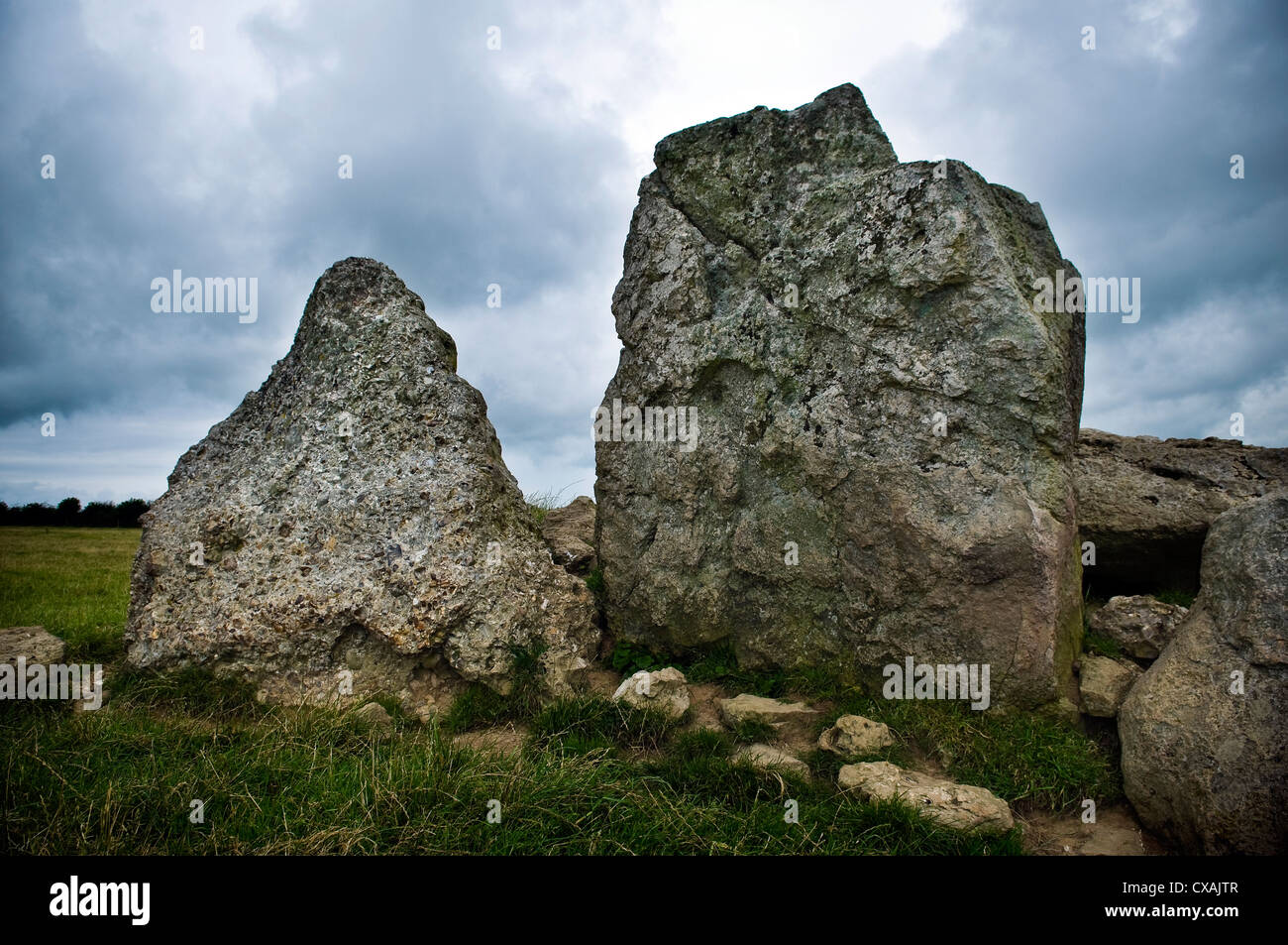 The Grey Mare and her Colts Neolithic chambered long barrow remains near Abbotsbury, Dorset, UK Stock Photo