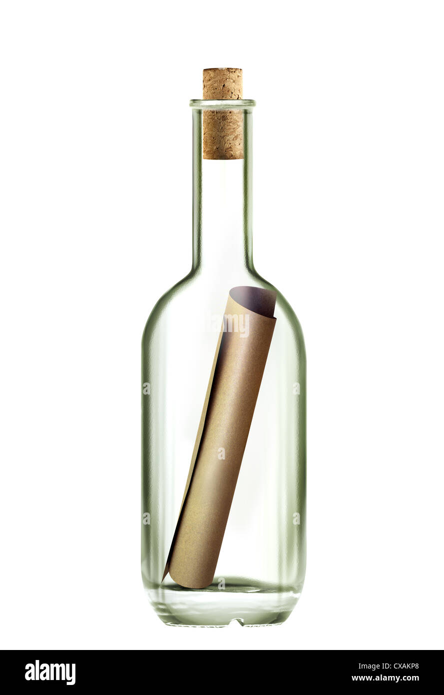 ancient scroll message in the bottle on white background with path ...