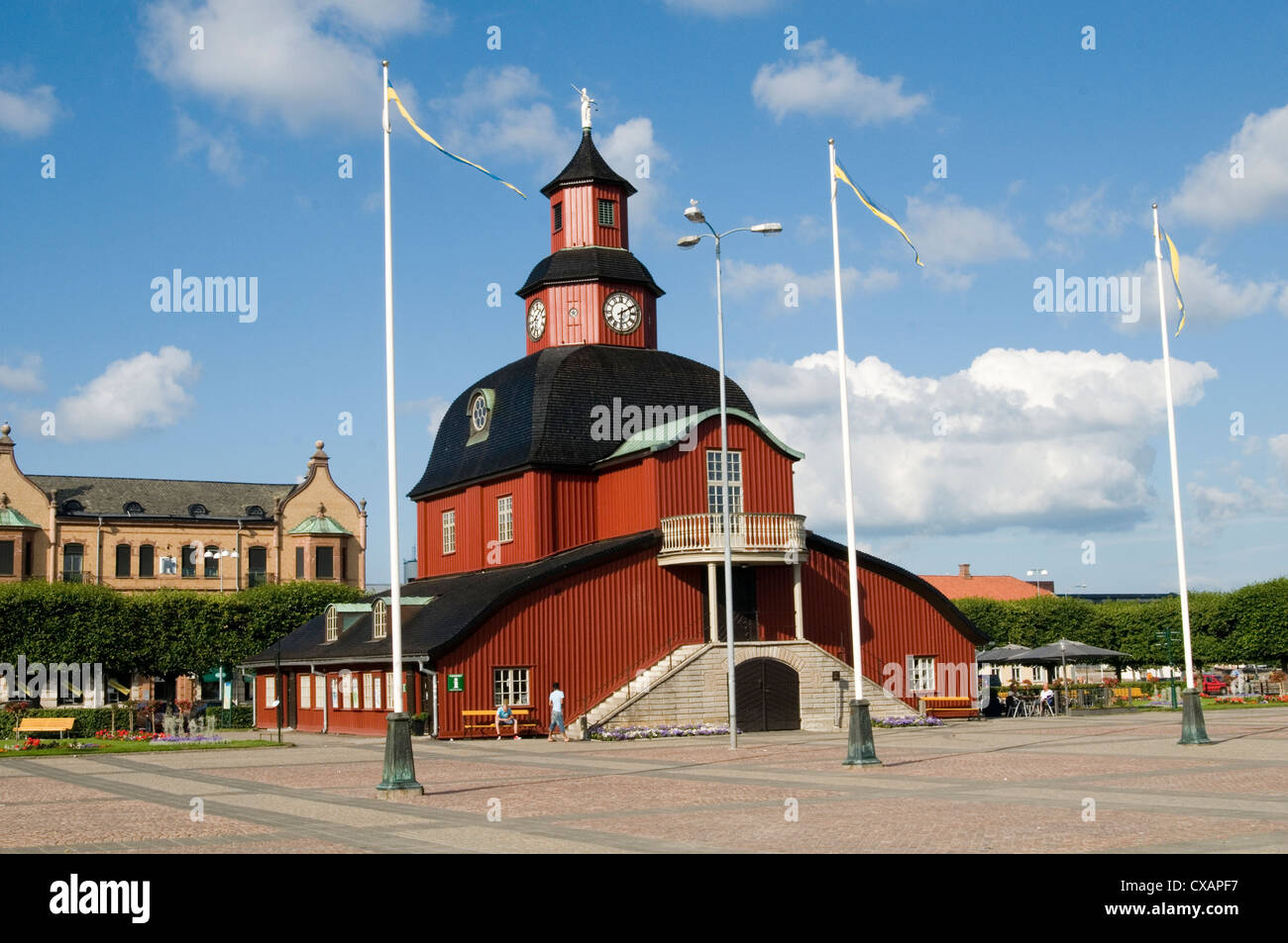 Lidköping town square sweden swedish falun red paint building Stock Photo