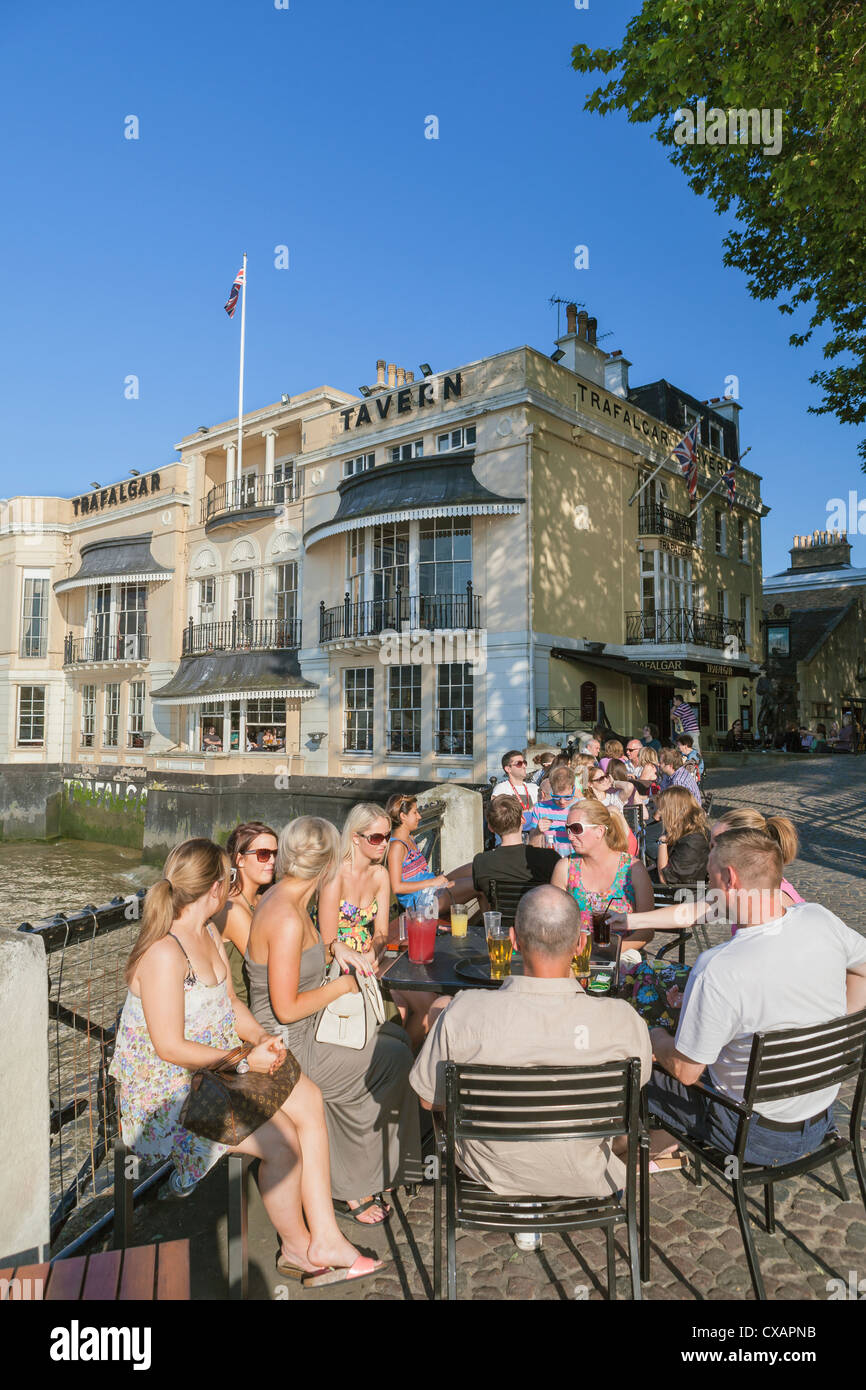 People enjoying a summer day at the Trafalgar Tavern in Greenwich, London, UK Stock Photo