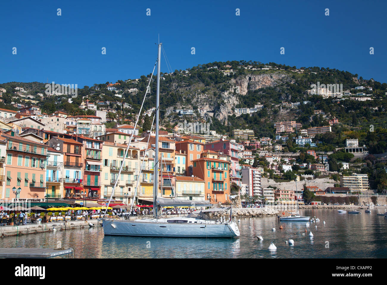 Colourful buildings along waterfront, Villefranche, Alpes-Maritimes, Provence-Alpes-Cote d'Azur, French Riviera, France Stock Photo