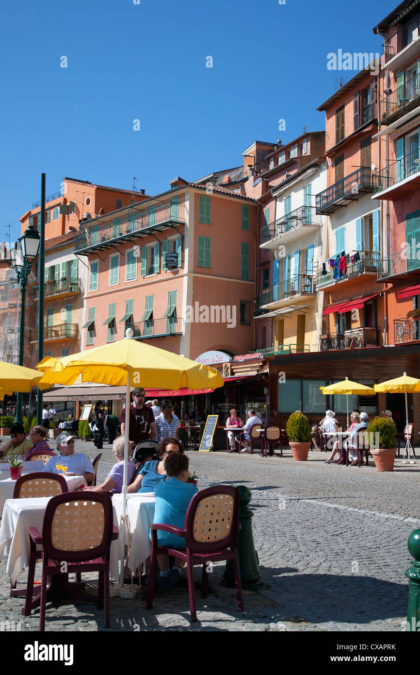 Restaurants along waterfront, Villefranche, Alpes-Maritimes, Provence-Alpes-Cote d'Azur, French Riviera, France, Europe Stock Photo