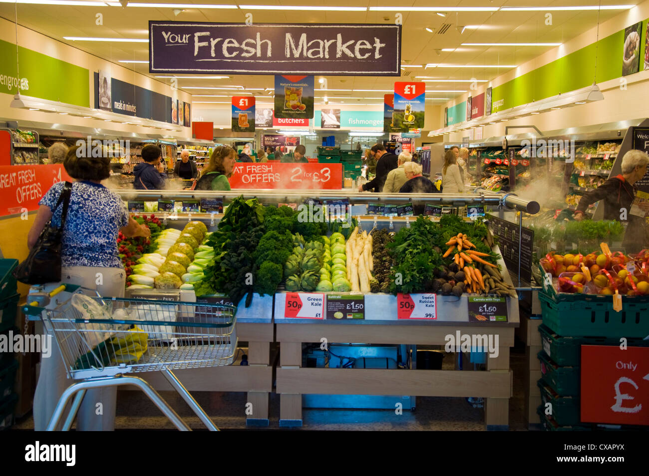 Morrisons Store of the Future concept showing misting technology to keep fruit and vegetables fresh looking Stock Photo
