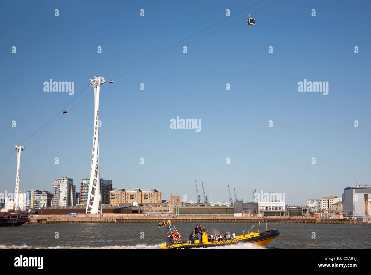 View of London 2012 Olympics cable cars across River Thames, London, England, United Kingdom, Europe Stock Photo