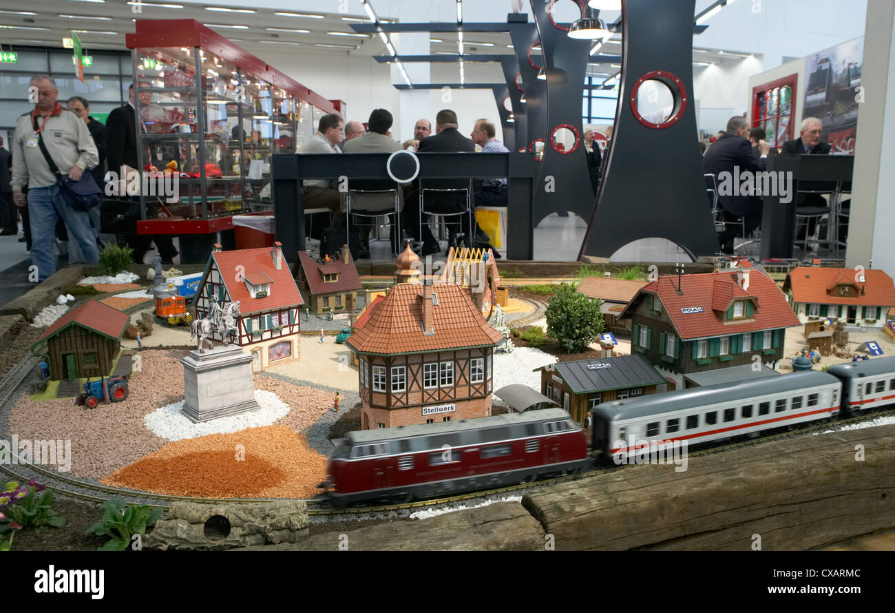A large model railway train of LGB on the Toy Fair Stock Photo