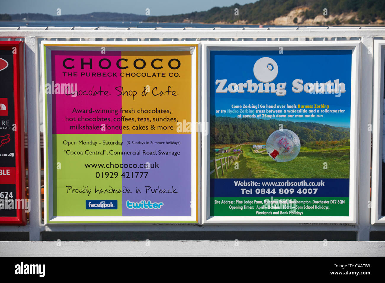 Advertising boards for Chococo and Zorbing South on Sandbanks to Studland chain ferry Stock Photo