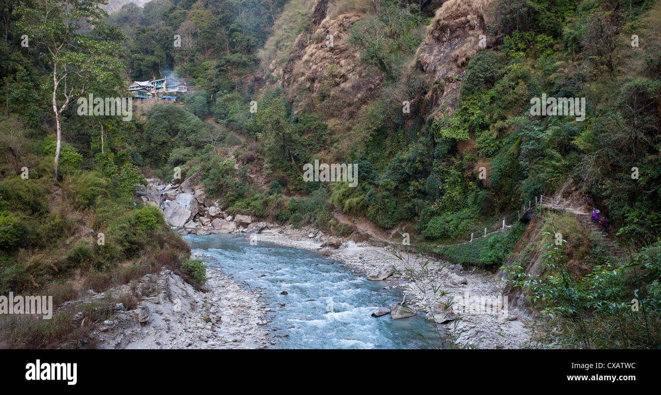 Trekkers walking to Pahiro beside the Langtang River, Langtang Valley, Nepal Stock Photo