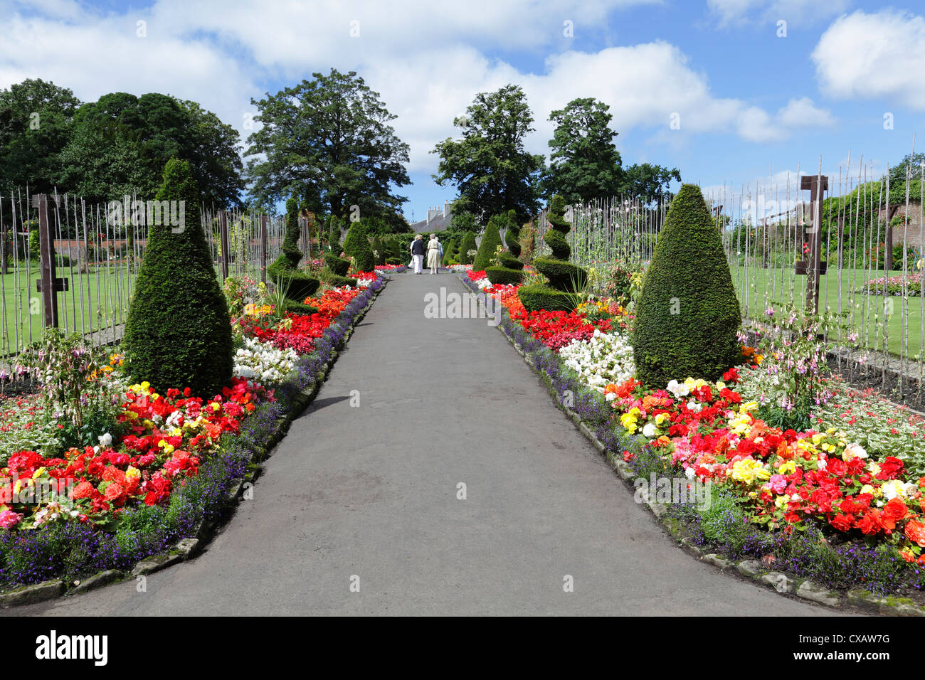A path through bedding plants in the Walled Garden in Bellahouston Park Glasgow Scotland UK Stock Photo