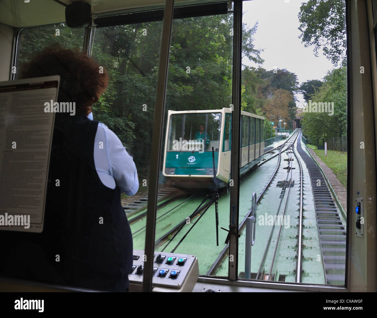 The funicular railway carriage heading up Petrin Hill, Petrin Park,Prague, Czech Republic. Stock Photo