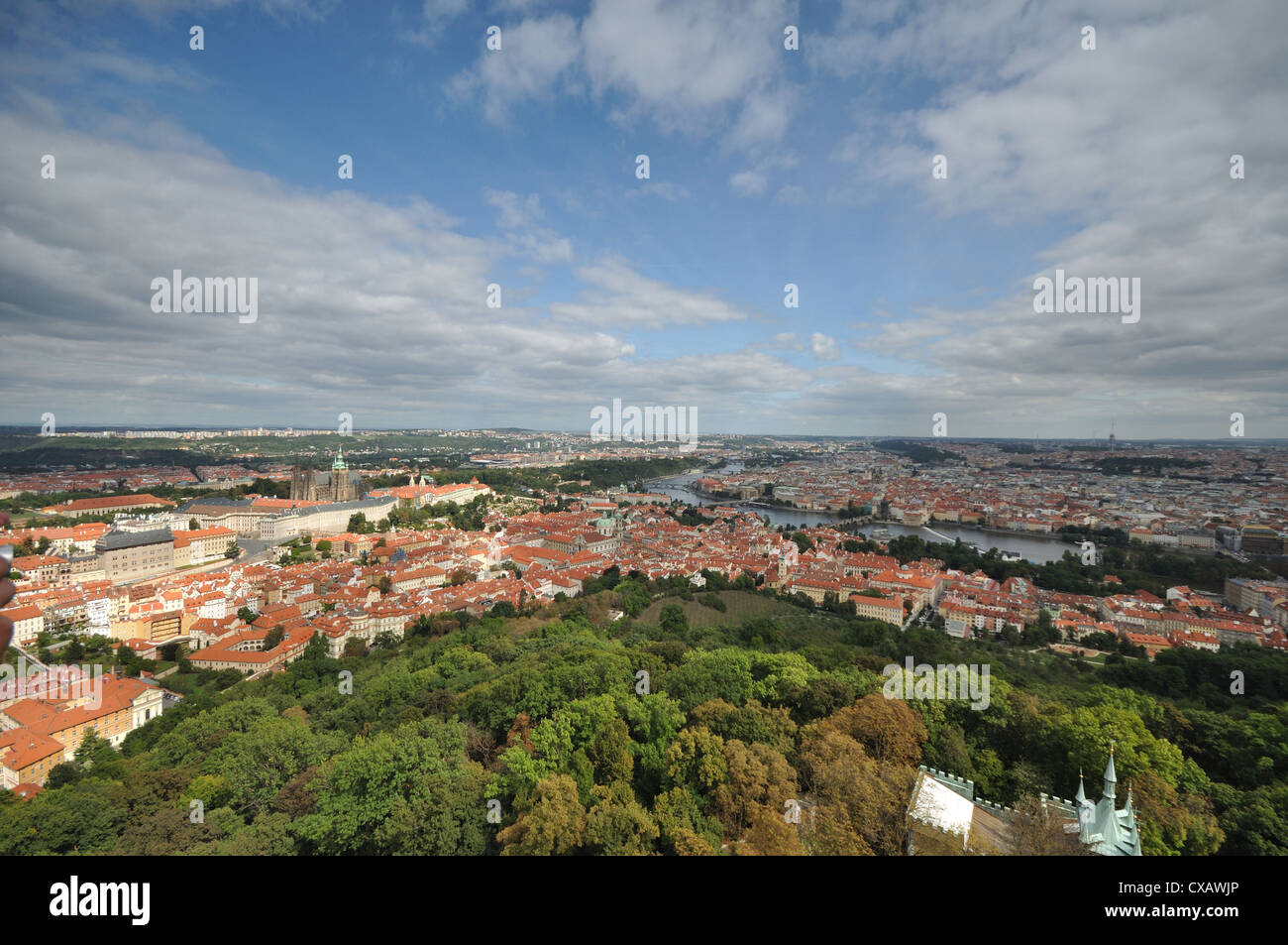 Wide angle view of the city of Prague showing, Petrin Park in the Little Quarter, Prague Castle in Hradcany and Charles Bridge Stock Photo