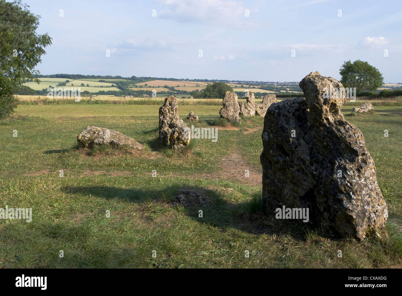 Rollright Stones, a Neolithic standing stone circle dating from around 2500BC, on the Oxfordshire Warwickshire border, England Stock Photo