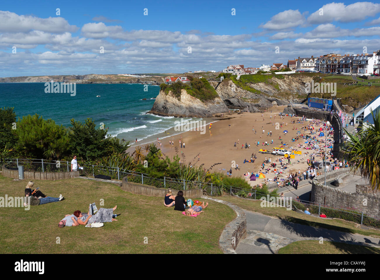 People relaxing in park above Towan beach, Newquay, Cornwall, England, United Kingdom, Europe Stock Photo