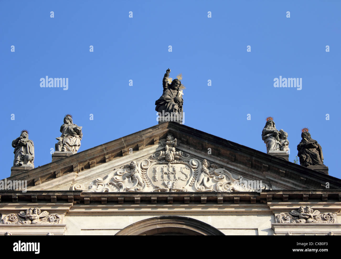 Baroque pediment of St Salvator Church, Prague, Czech Republic Stock Photo