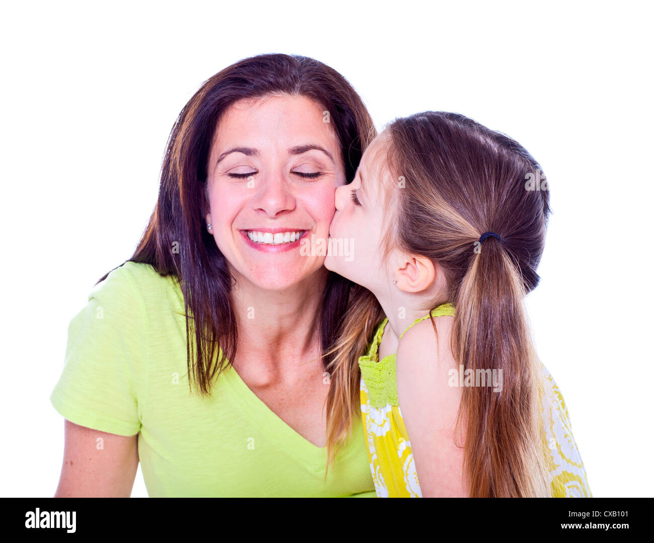 Pretty mother and daughter studio portrait on white  Stock Photo