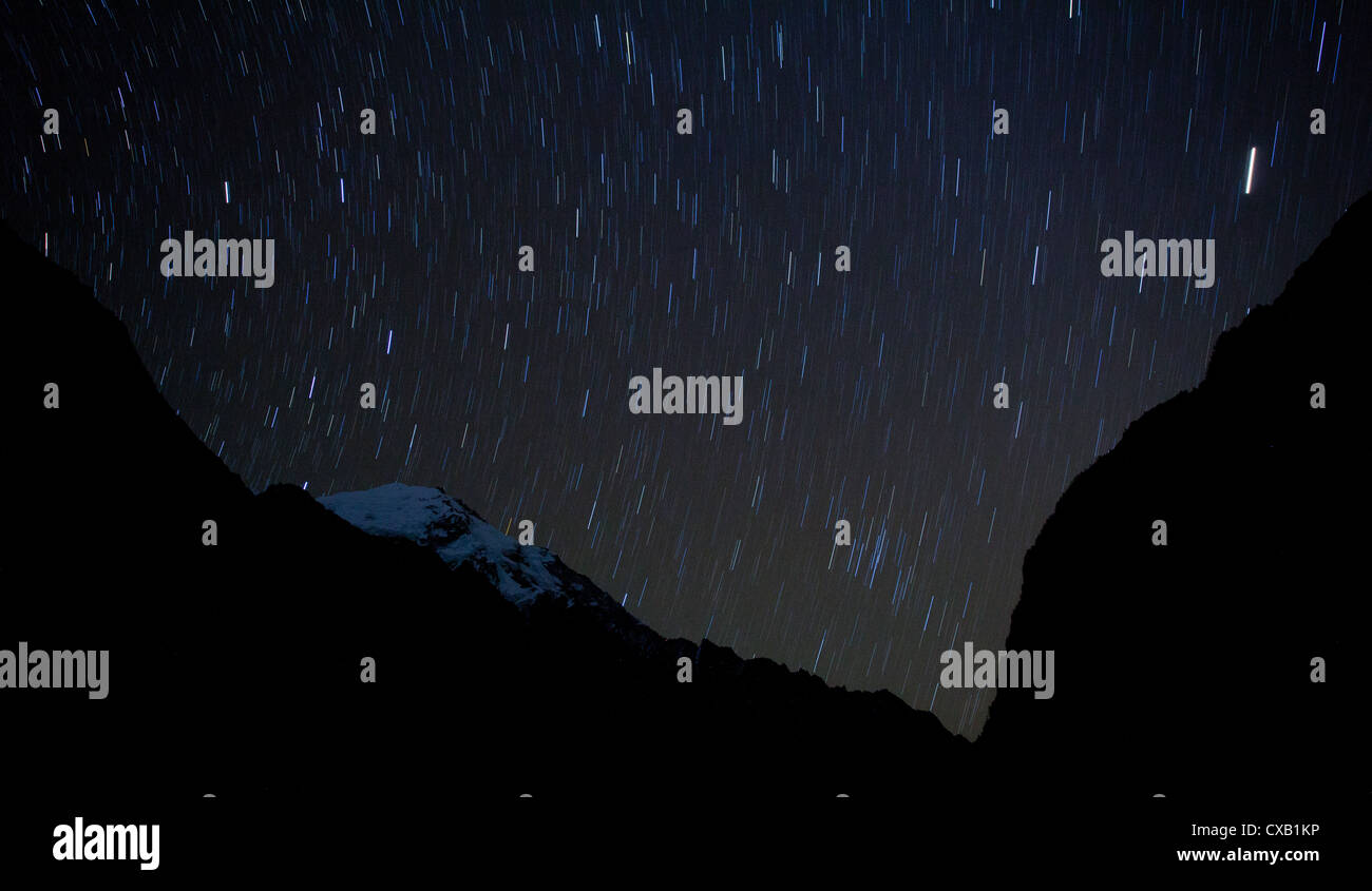 Stars moving across the sky at night over the Himalayas, Langtang Valley, Nepal Stock Photo