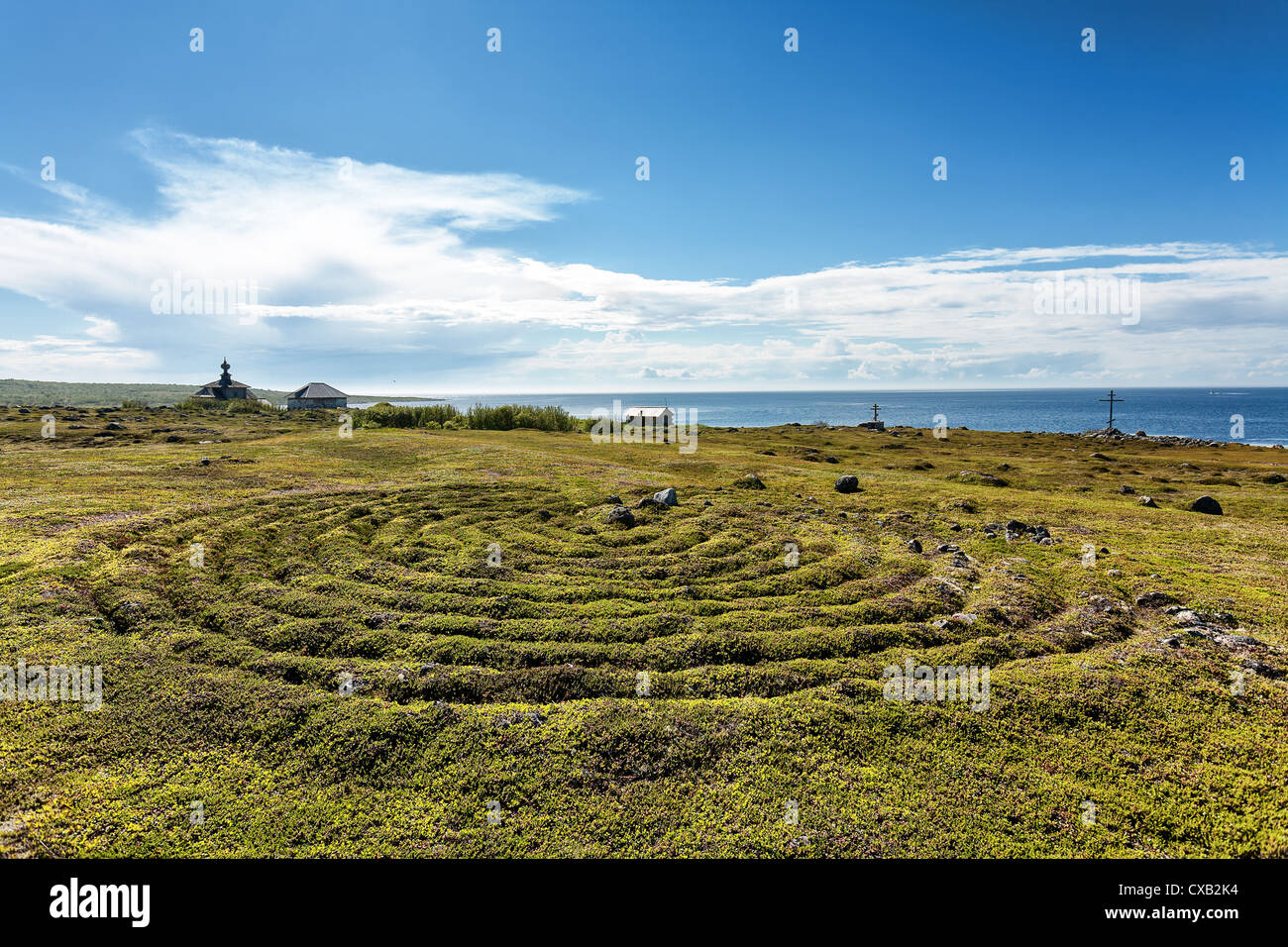 Stone labyrinth of Bolshoi Zayatsky Island. The White Sea, Solovetsky Islands, Karelia, Russia. Stock Photo