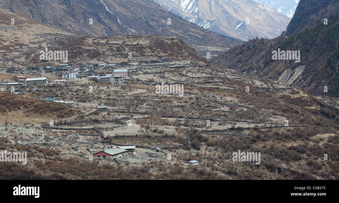 Langtang village in the Langtang Valley, Nepal Stock Photo