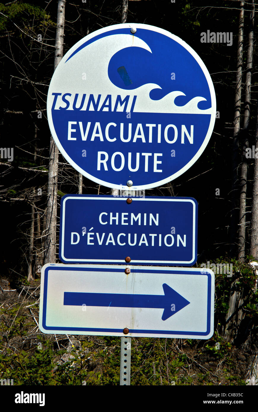 Tsunami Evacuation Route direction sign Long Beach west ccoast Vancouver Island BC Stock Photo