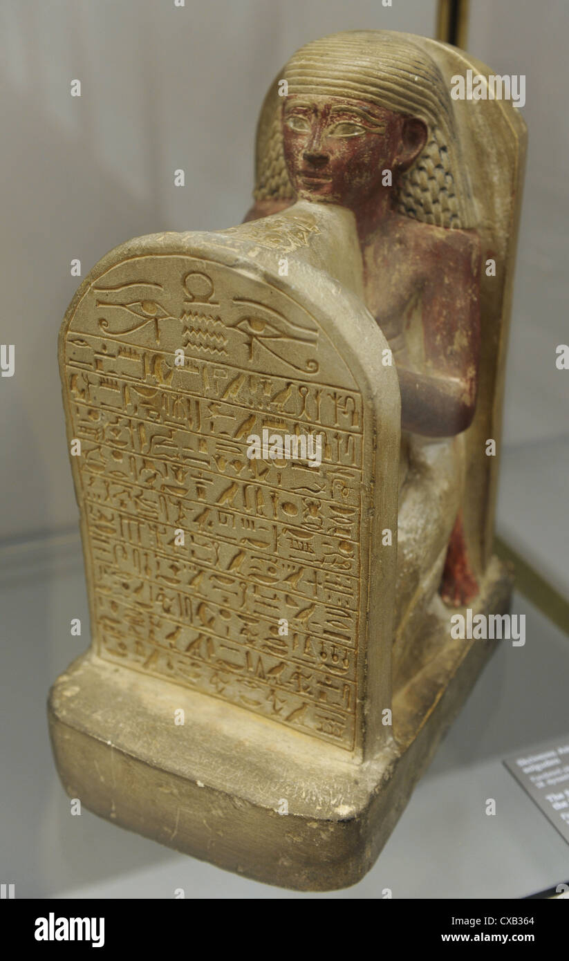 The scribe Amenophis worshipping the Sun-God. Limestone. Origin unknown. 18th dynasty. New Kingdom. C. 1490-1400 BC. Stock Photo