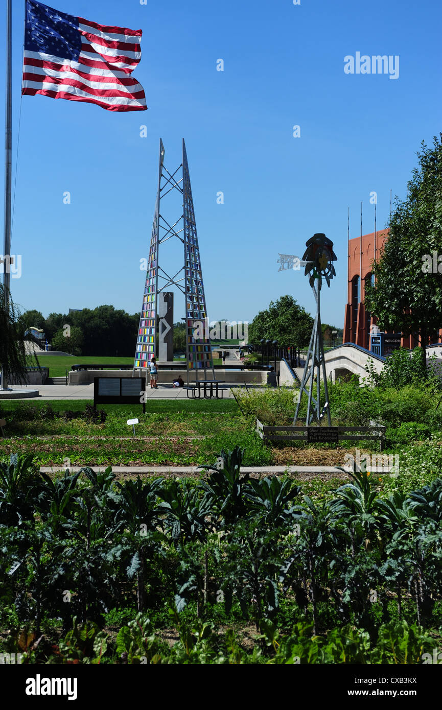 USA, Indiana IN Indianapolis public art along the White River State Park American Flag and The Tent Stock Photo