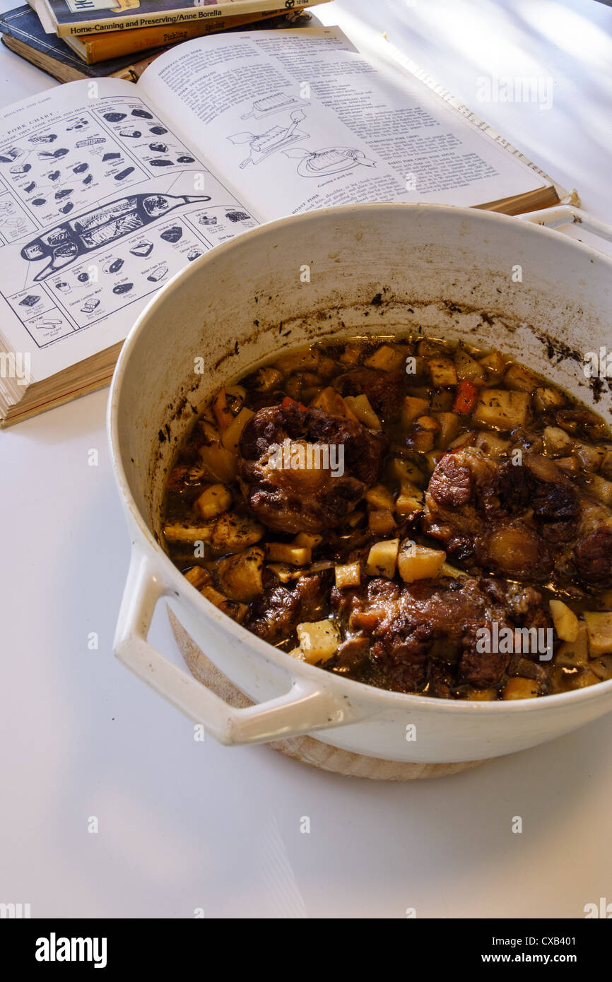 Oxtail stew in white cast iron dutch over with old cookbooks and recipes Stock Photo