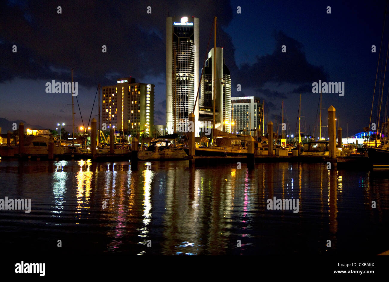 One Shoreline Plaza at night on the waterfront of Corpus Christi, Texas, USA. Stock Photo