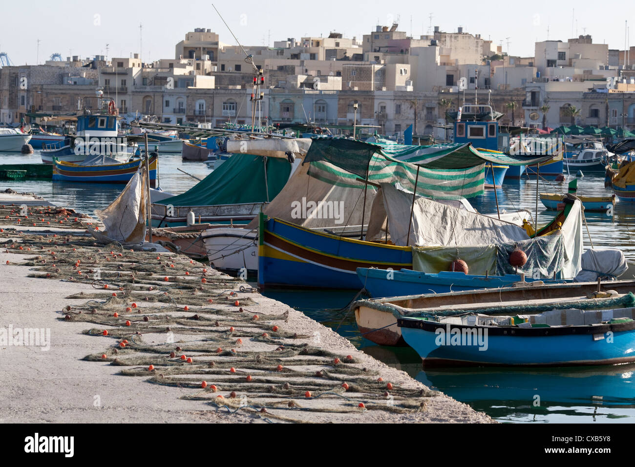 fishing nets laid out in Marsaxlokk Malta Stock Photo Alamy