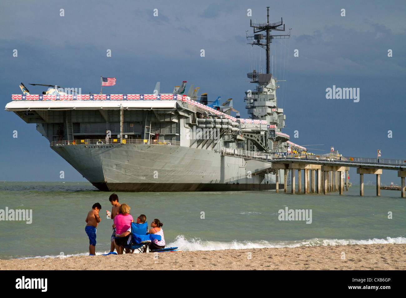 The USS Lexington, Essex-class aircraft carrier is a museum ship located in the bay at Corpus Christi, Texas, USA. Stock Photo