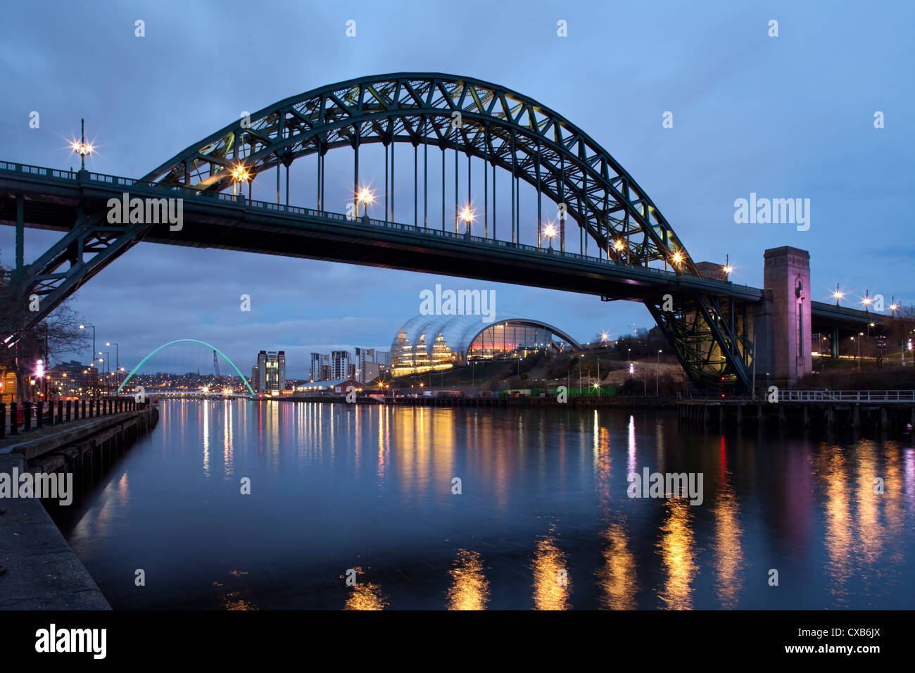 The River Tyne and Tyne Bridge backed by the Sage Gateshead and the Millennium Bridge - Tyne & Wear Stock Photo