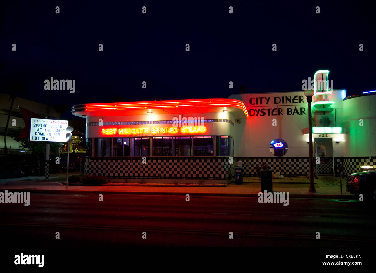 City Diner with lights at night in Corpus Christi, Texas, USA. Stock Photo