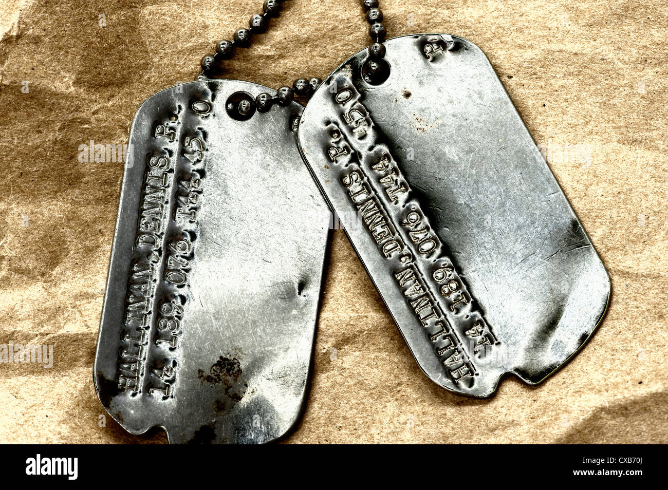 closeup conceptual view of American serviceman dog tags Stock Photo
