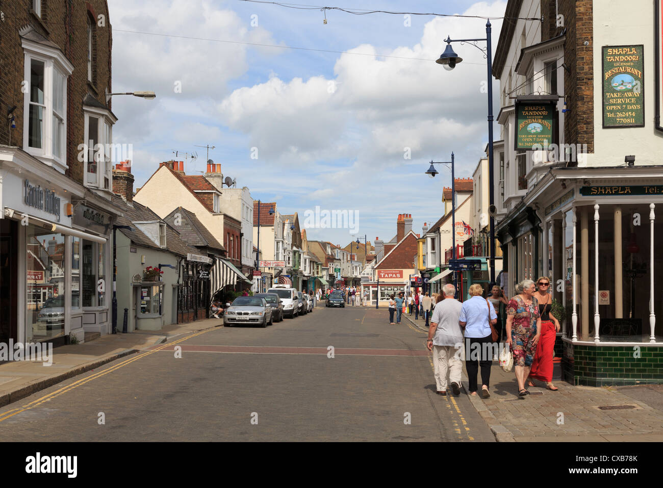View along the main shopping street in Whitstable town centre. High Street, Whitstable, Kent, England, UK, Britain Stock Photo