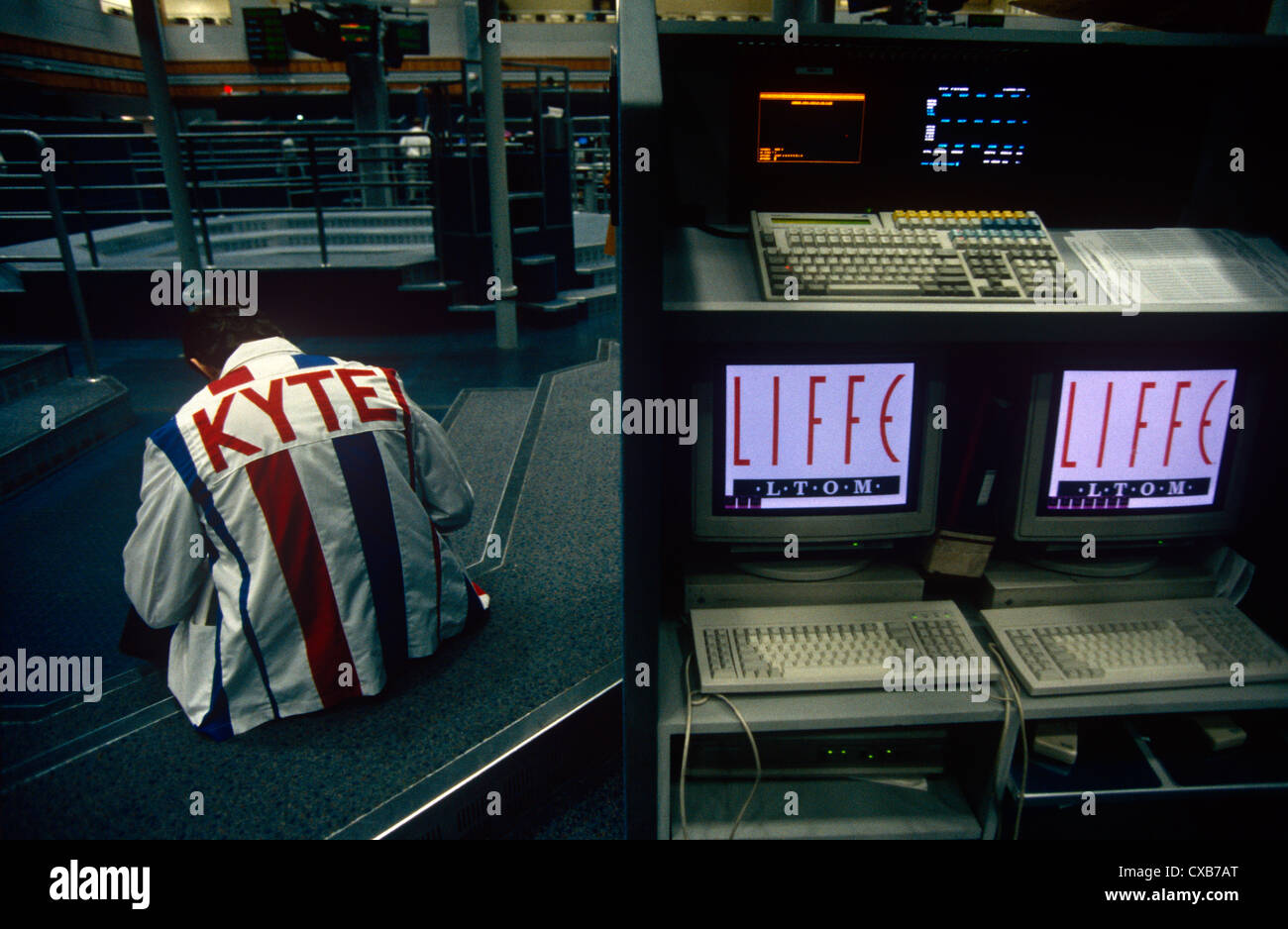 Futures and commodities traders at the LIFFE exchange during the 1990s, City of London. Stock Photo