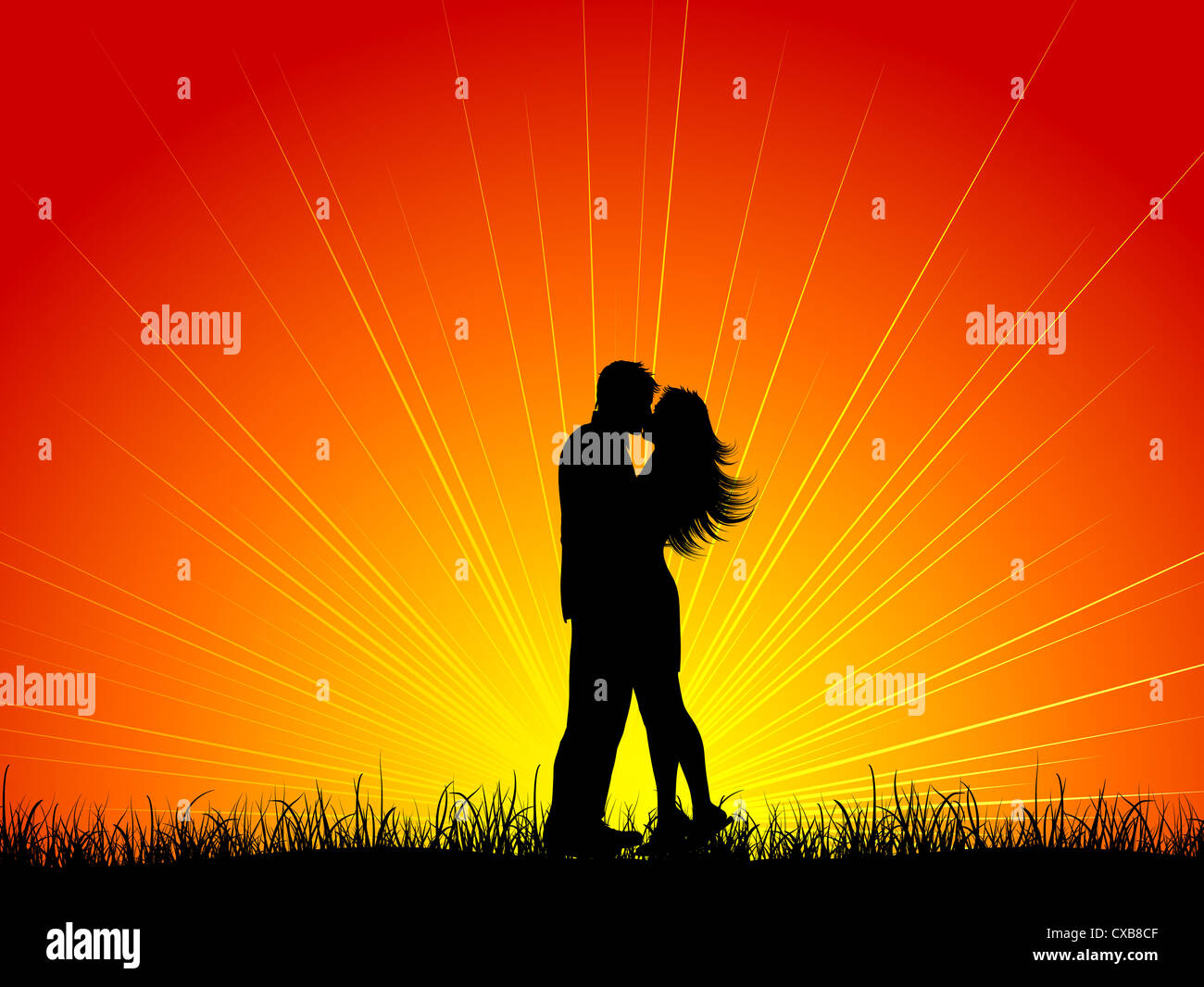 Silhouette of a couple kissing against a sunset sky Stock Photo - Alamy