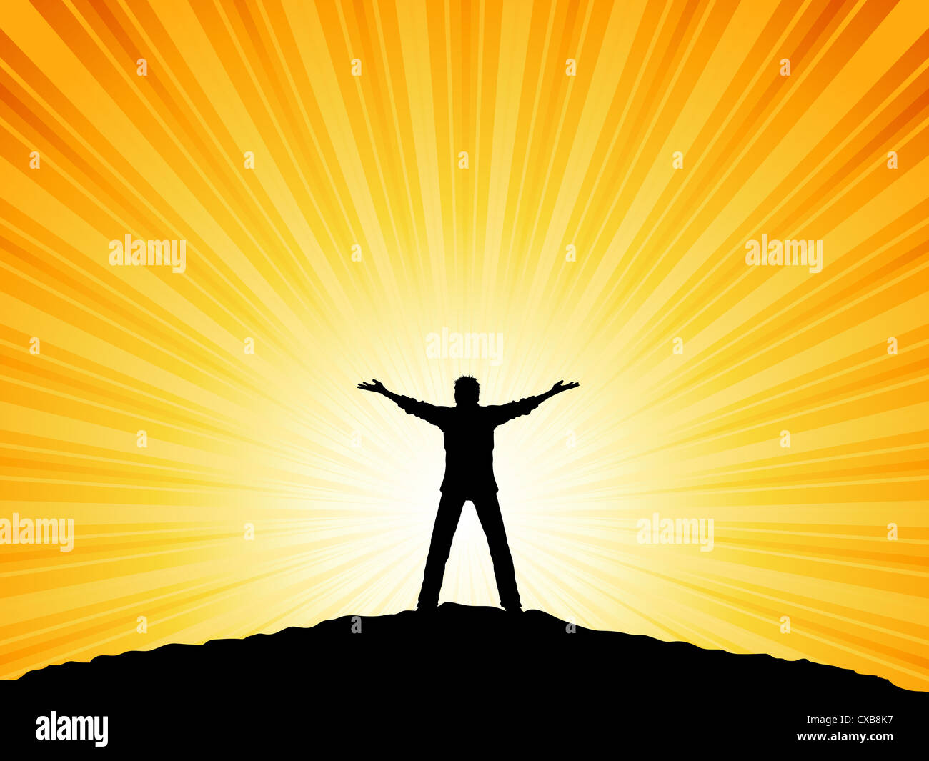 Silhouette of a man with his arms raised to the sky Stock Photo Alamy