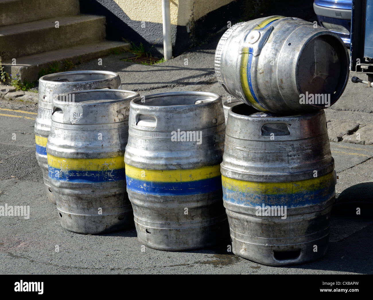 kegs of beer being delivered to a pub Stock Photo Alamy