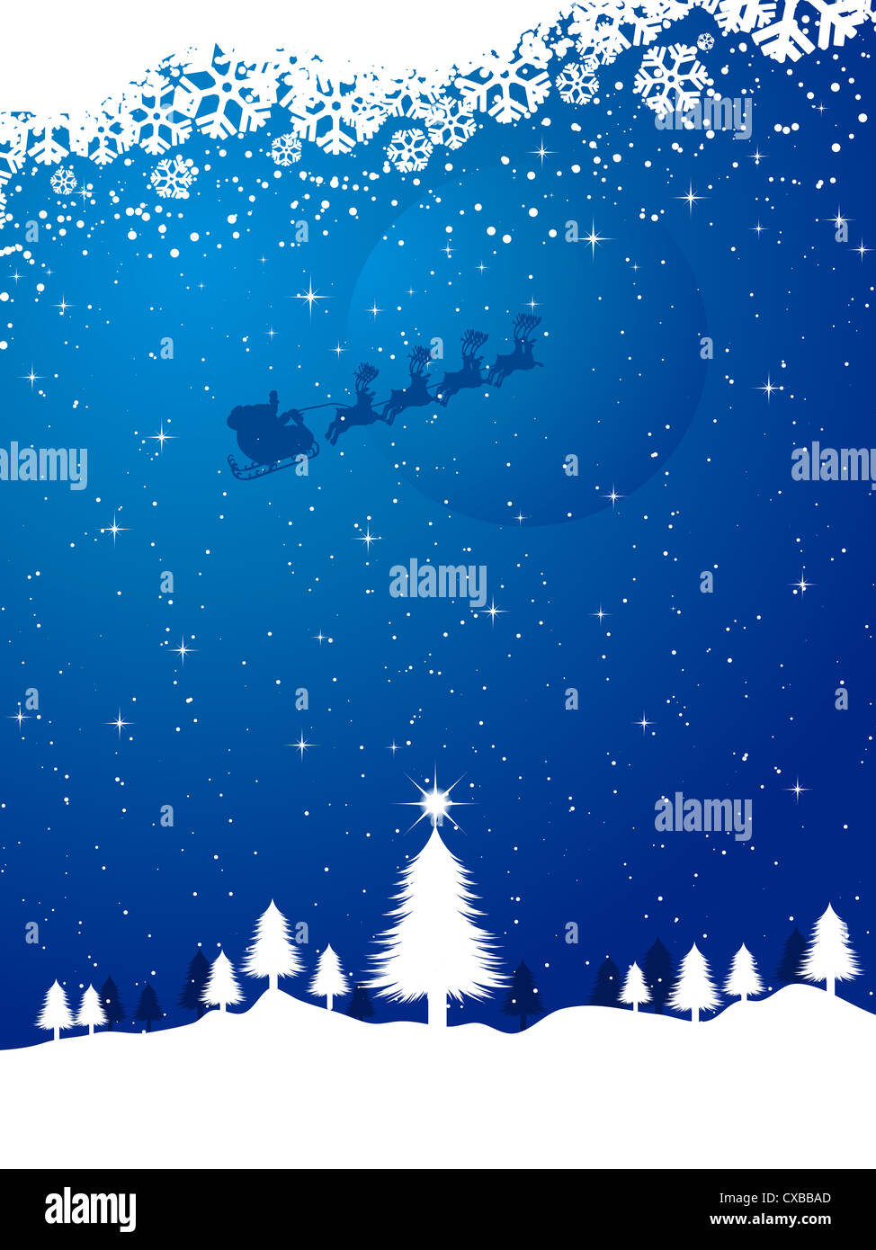 Winter landscape with santa flying in the sky Stock Photo