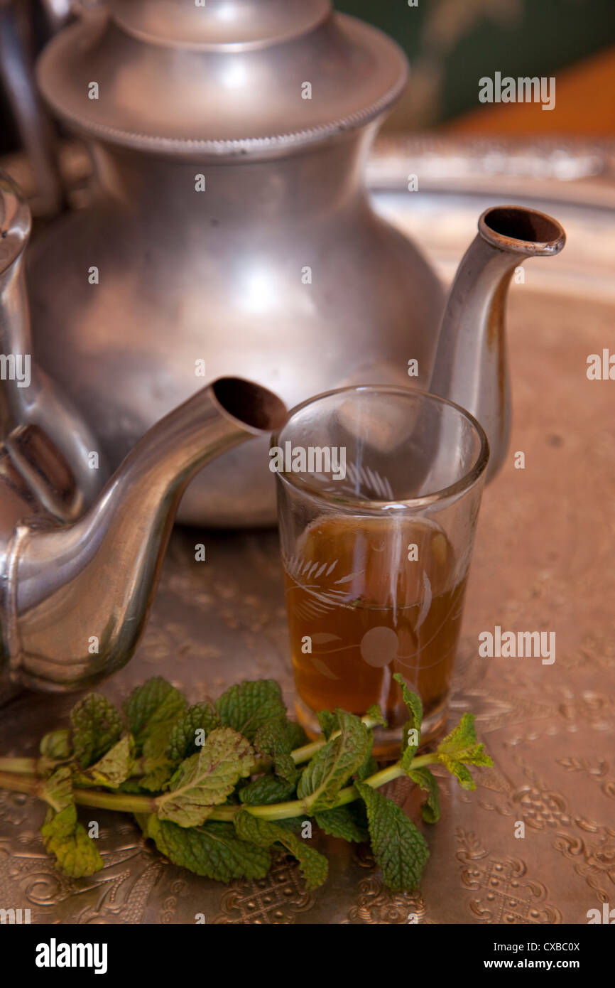 Making mint tea at Mohamed Attai Village in the Atlas Mountains, Morocco, North Africa, Africa Stock Photo