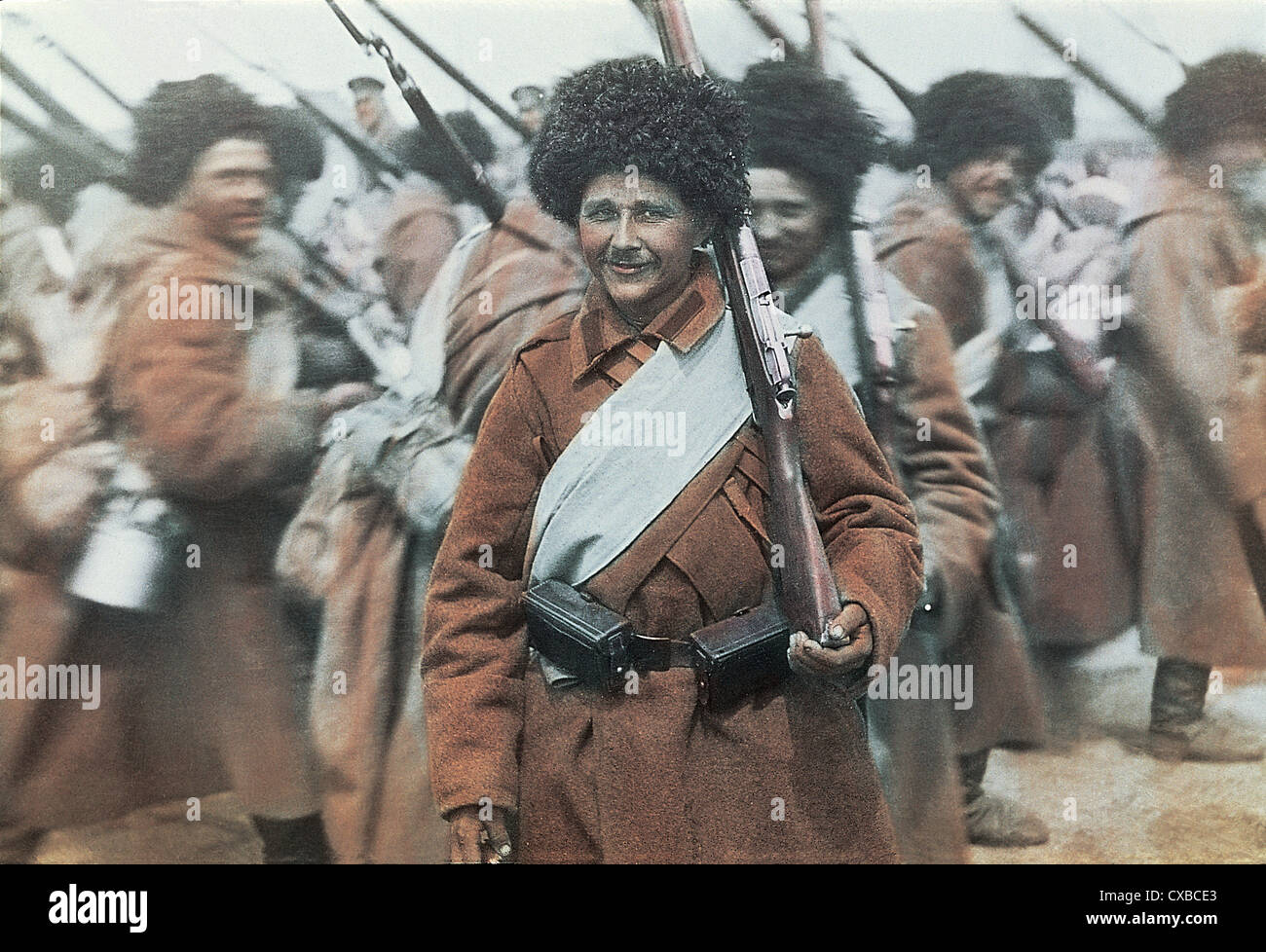 Colorized photo of Russian Cossack Soldiers at Port Arthur during the Russo-Japanese War, Port Arthur, China, 1905. (Photo by Burton Holmes) Stock Photo