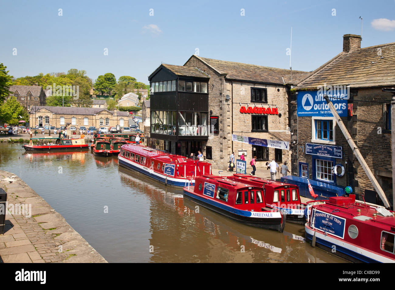 Narrowboats at Skipton Canal Basin, Skipton, North Yorkshire, Yorkshire, England, United Kingdom, Europe Stock Photo