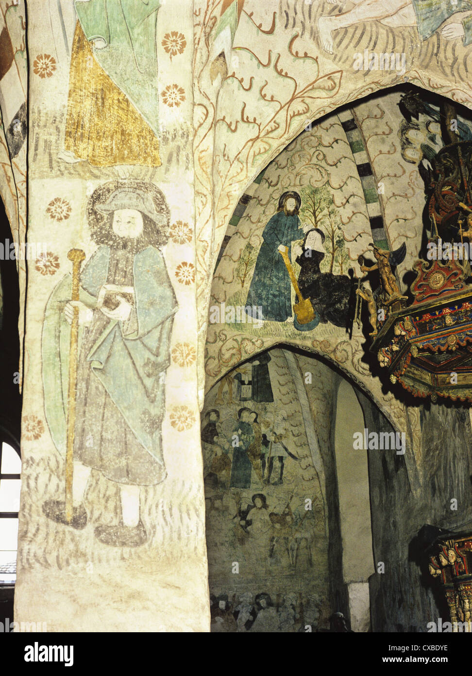 Wall murals in the 14th century Church of the Holy Cross, Hattula, Finland Stock Photo
