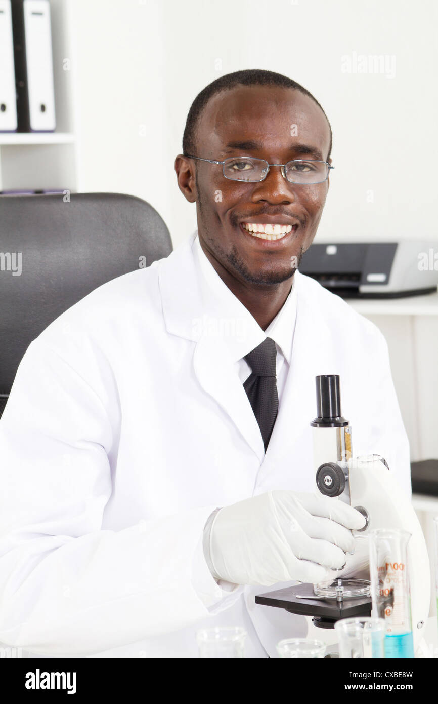 male african american lab technician study in laboratory Stock Photo