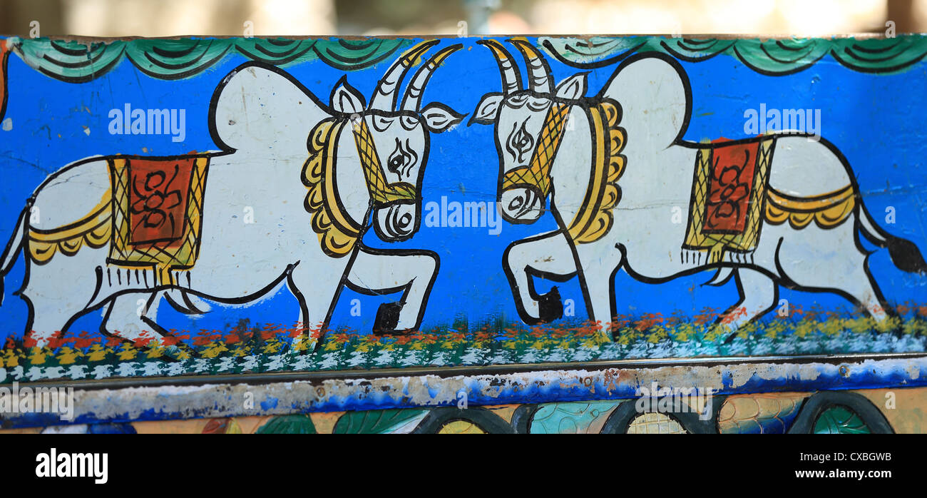 Bullock cart painted with Indian zebu Andhra Pradesh South India Stock Photo